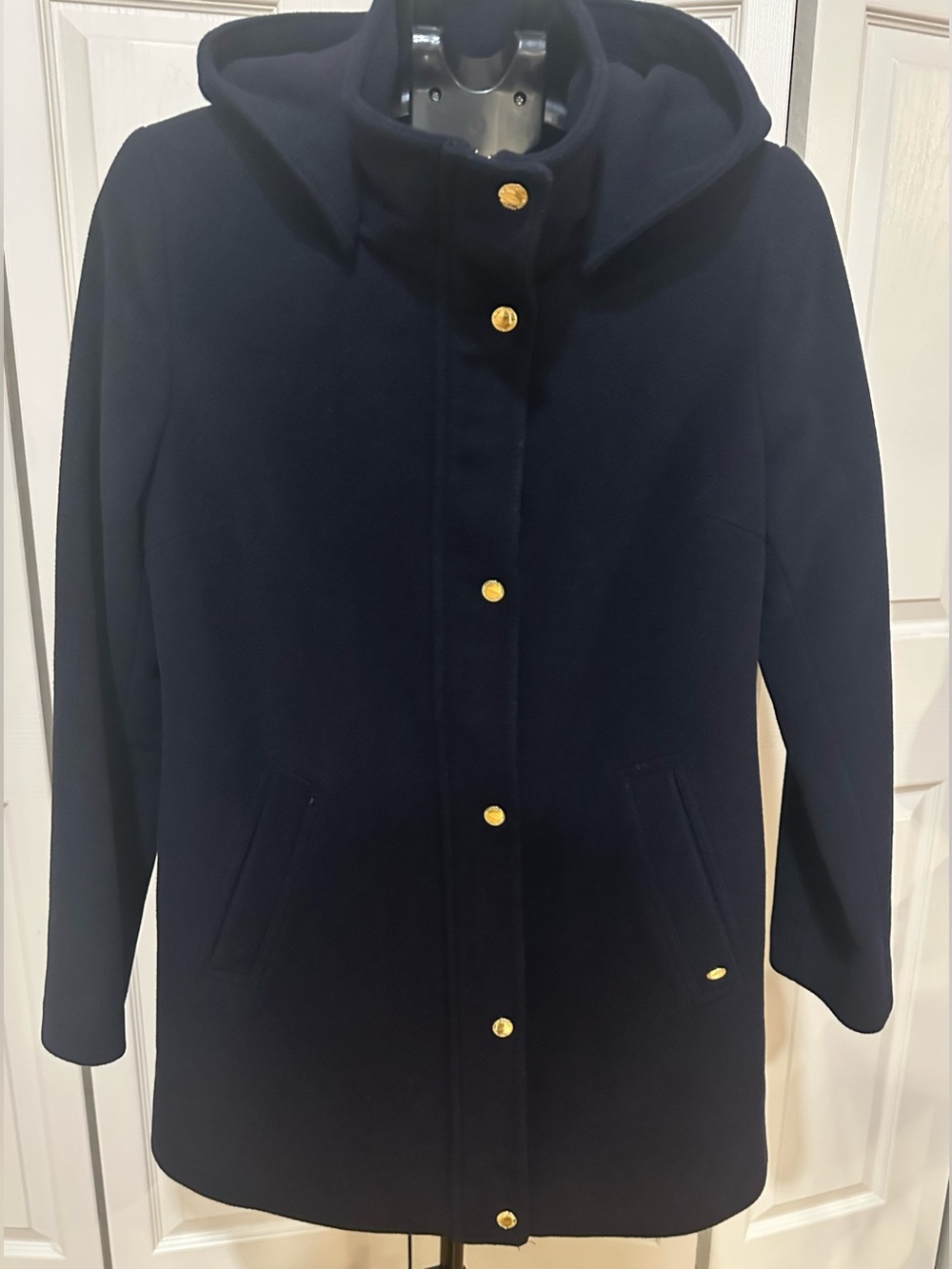 Ellen Tracy Navy Hooded Wool Blend Coat with Gold Buttons